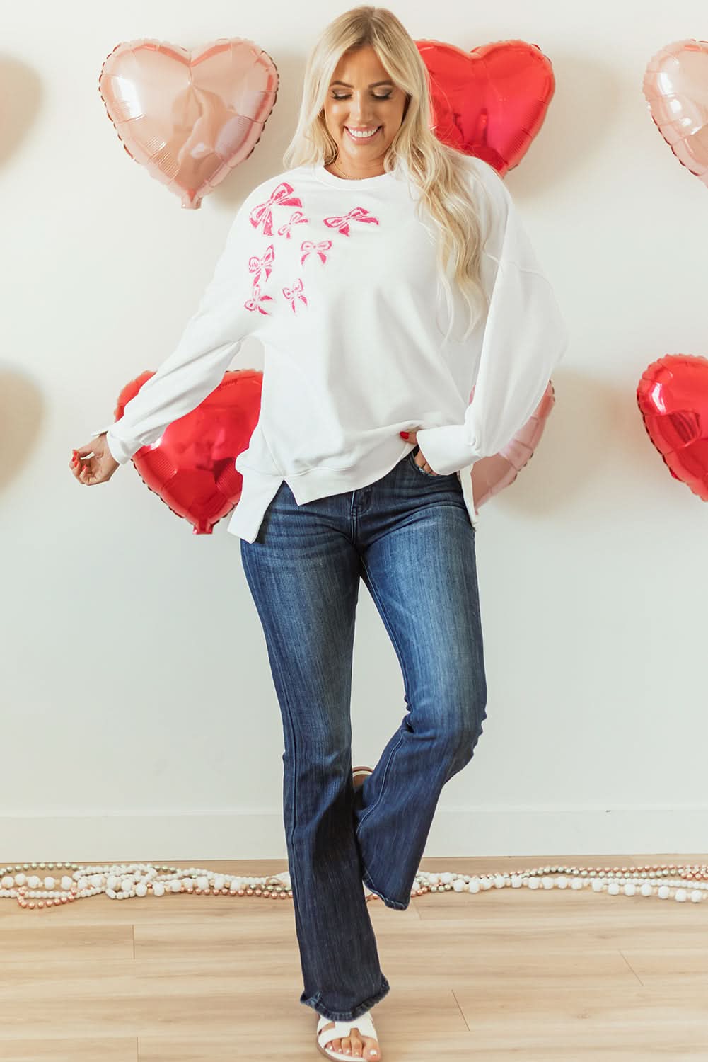 White Sequin Bowknot High Low Oversize Sweatshirt - Love Salve